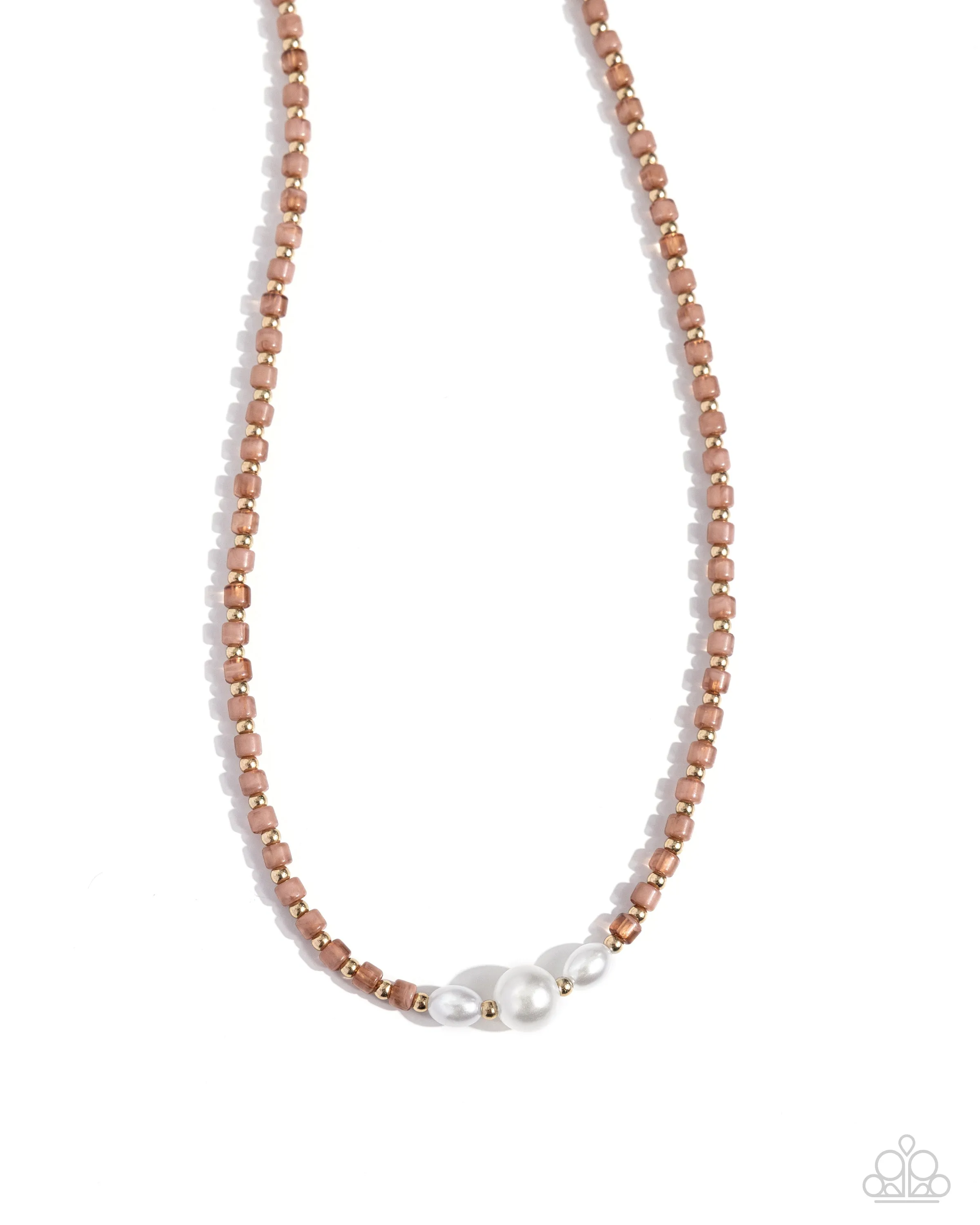 Fight Like a PEARL - Brown - and Gold Bead White Pearl Paparazzi Short Necklace