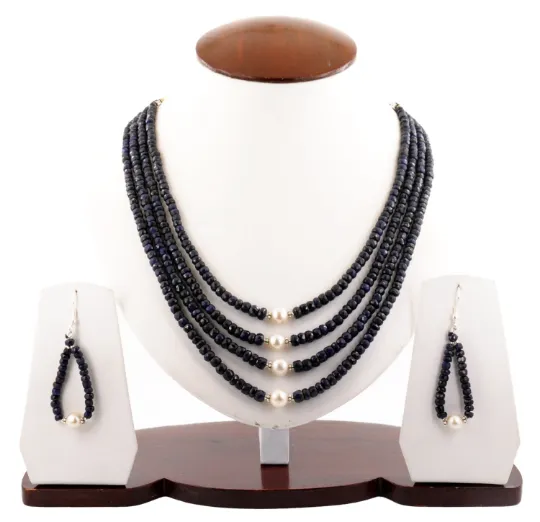 Four Row Faceted Blue Sapphire Necklace With Pearls