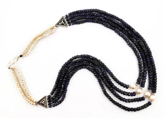 Four Row Faceted Blue Sapphire Necklace With Pearls