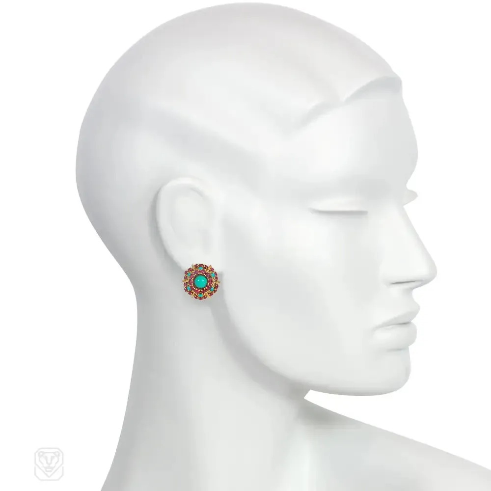 French 1950s turquoise and ruby cluster earclips