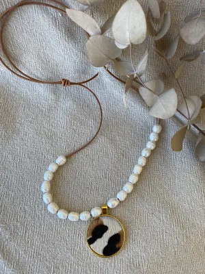 Genuine Cowhide Pendant & Freshwater Pearl Necklace