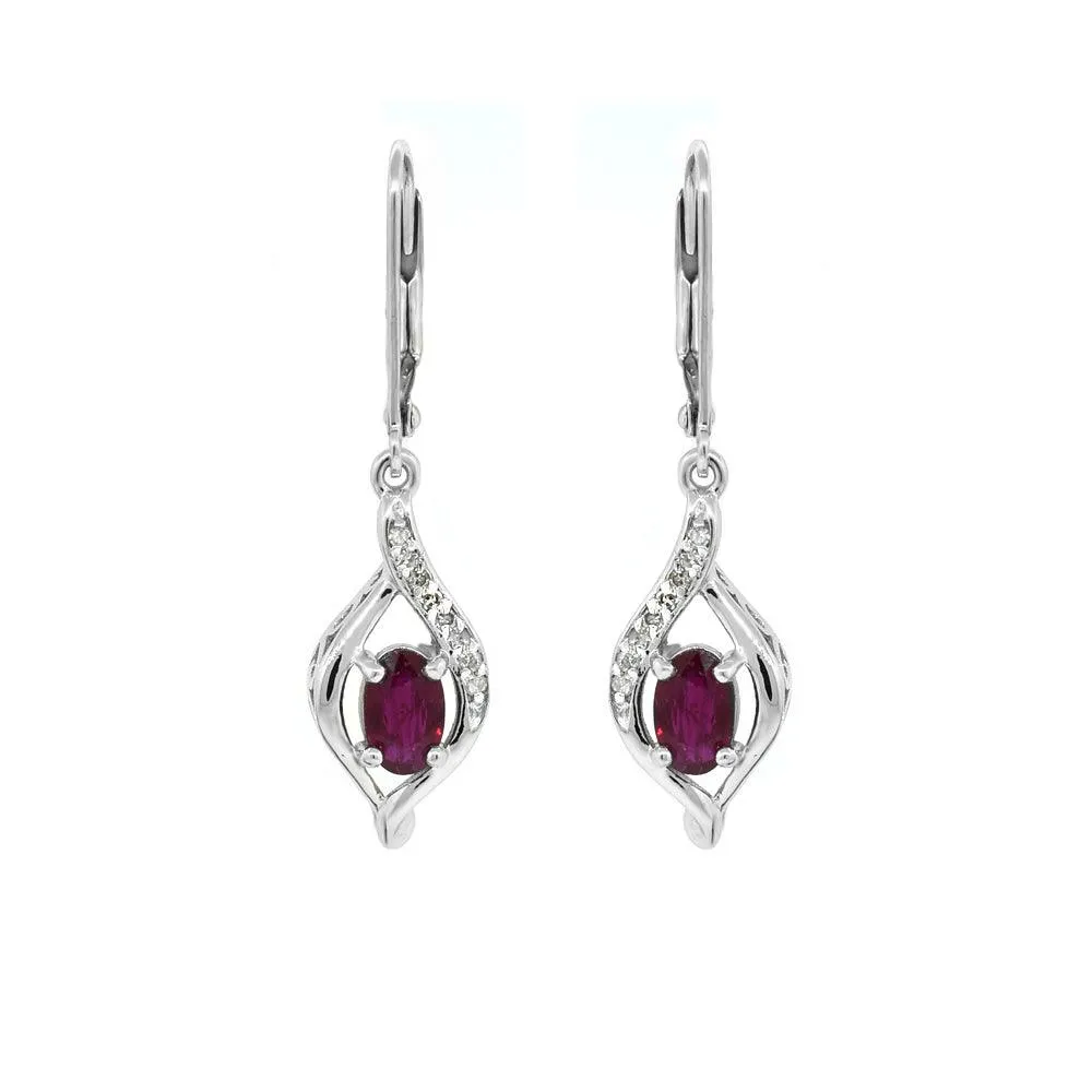 Genuine Ruby and Diamond 10K White Gold Earrings