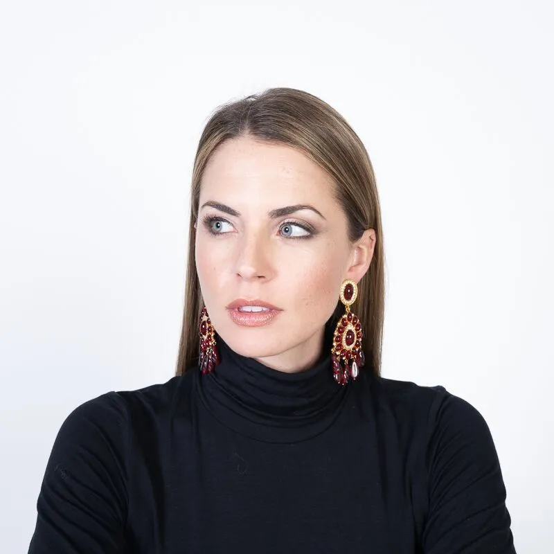 Gold & Ruby Drop Clip Earrings