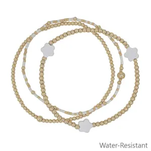 Gold Beaded, White Seed Bead and Flower Stretch Bracelets