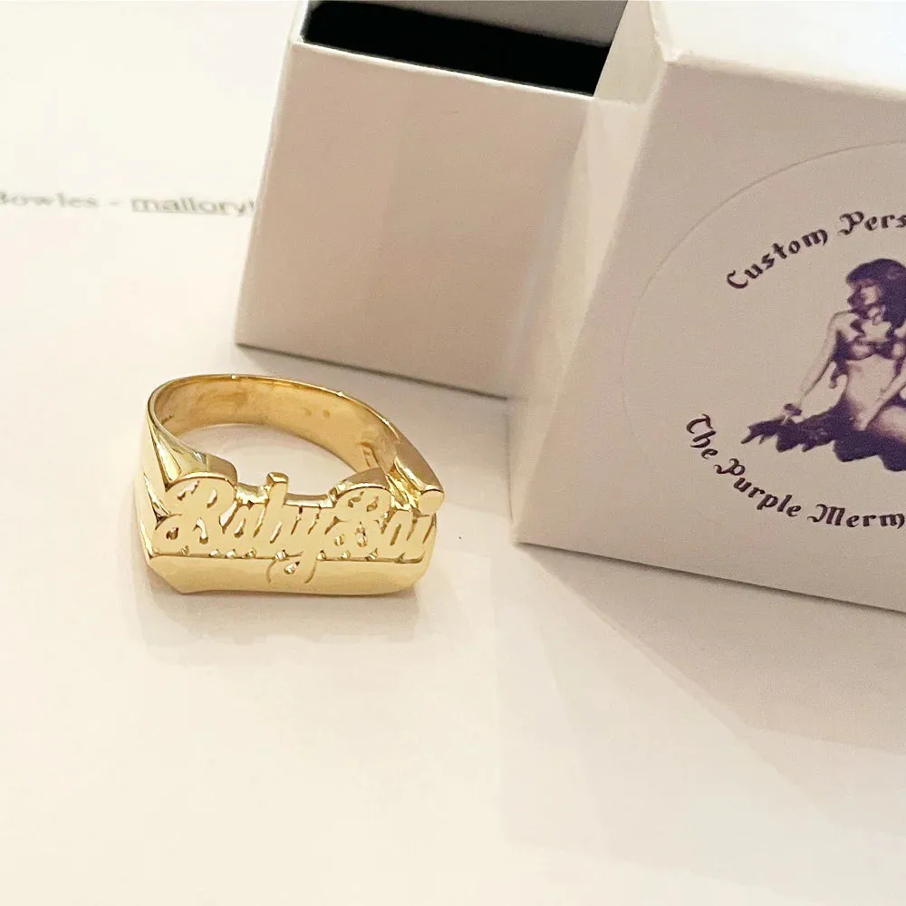Gold Large Script Name Ring with Tail