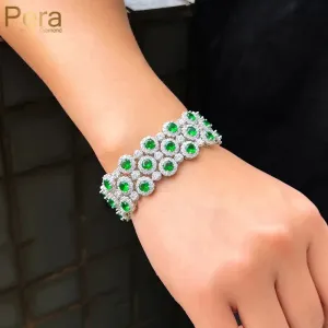 Gorgeous Green White Cubic Zirconia Large Wide Bracelets Bangles Luxury Wedding Banquet Party Jewelry for Women