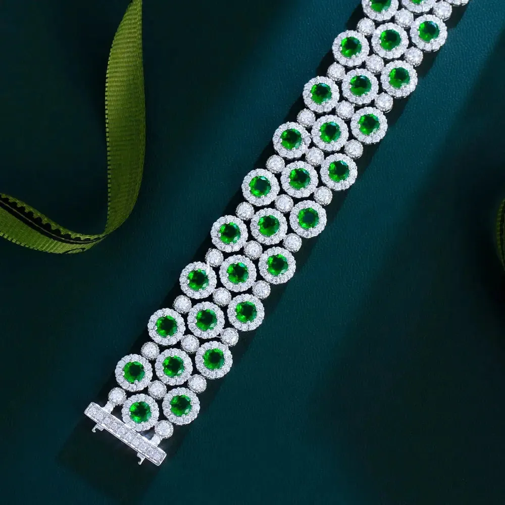 Gorgeous Green White Cubic Zirconia Large Wide Bracelets Bangles Luxury Wedding Banquet Party Jewelry for Women