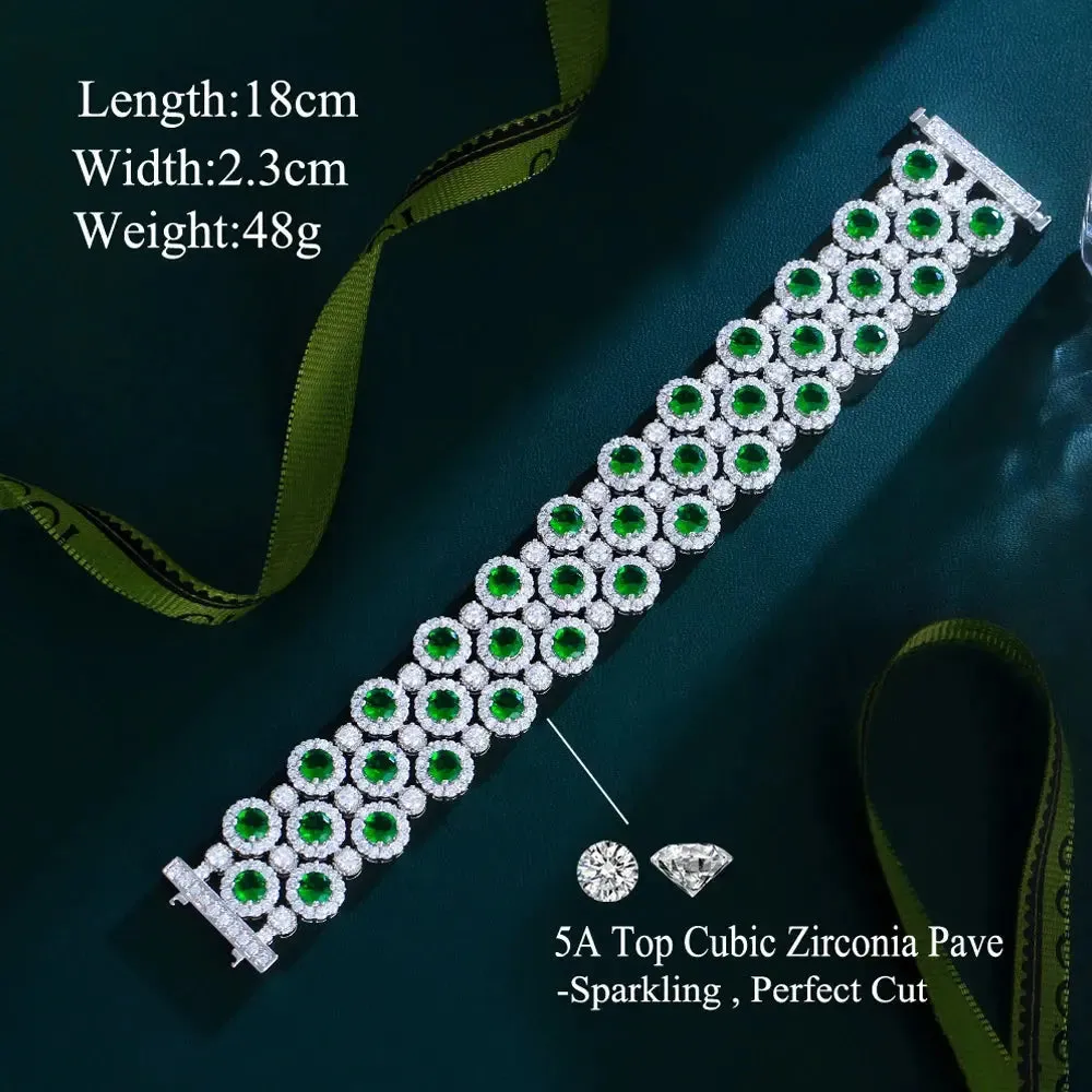 Gorgeous Green White Cubic Zirconia Large Wide Bracelets Bangles Luxury Wedding Banquet Party Jewelry for Women