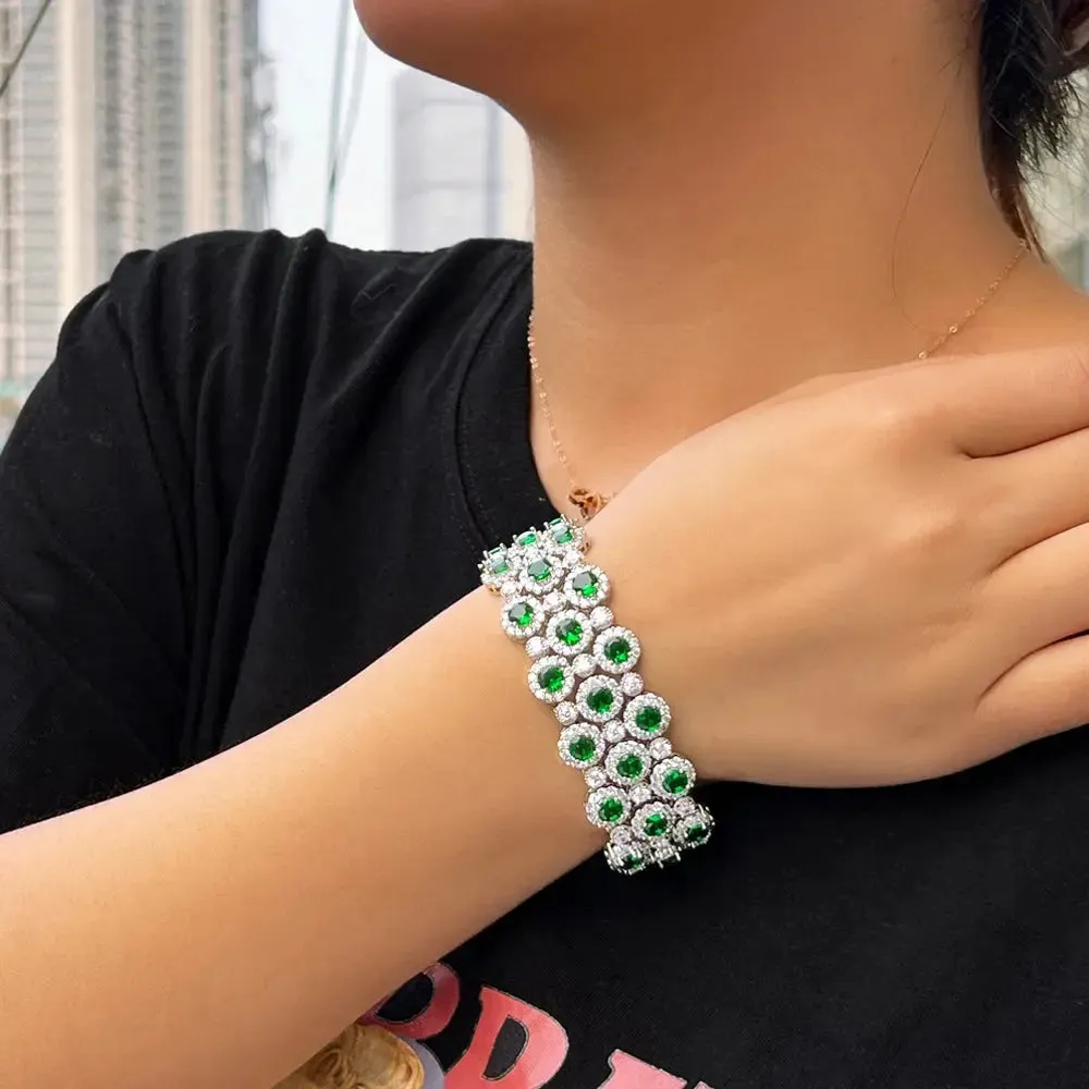 Gorgeous Green White Cubic Zirconia Large Wide Bracelets Bangles Luxury Wedding Banquet Party Jewelry for Women