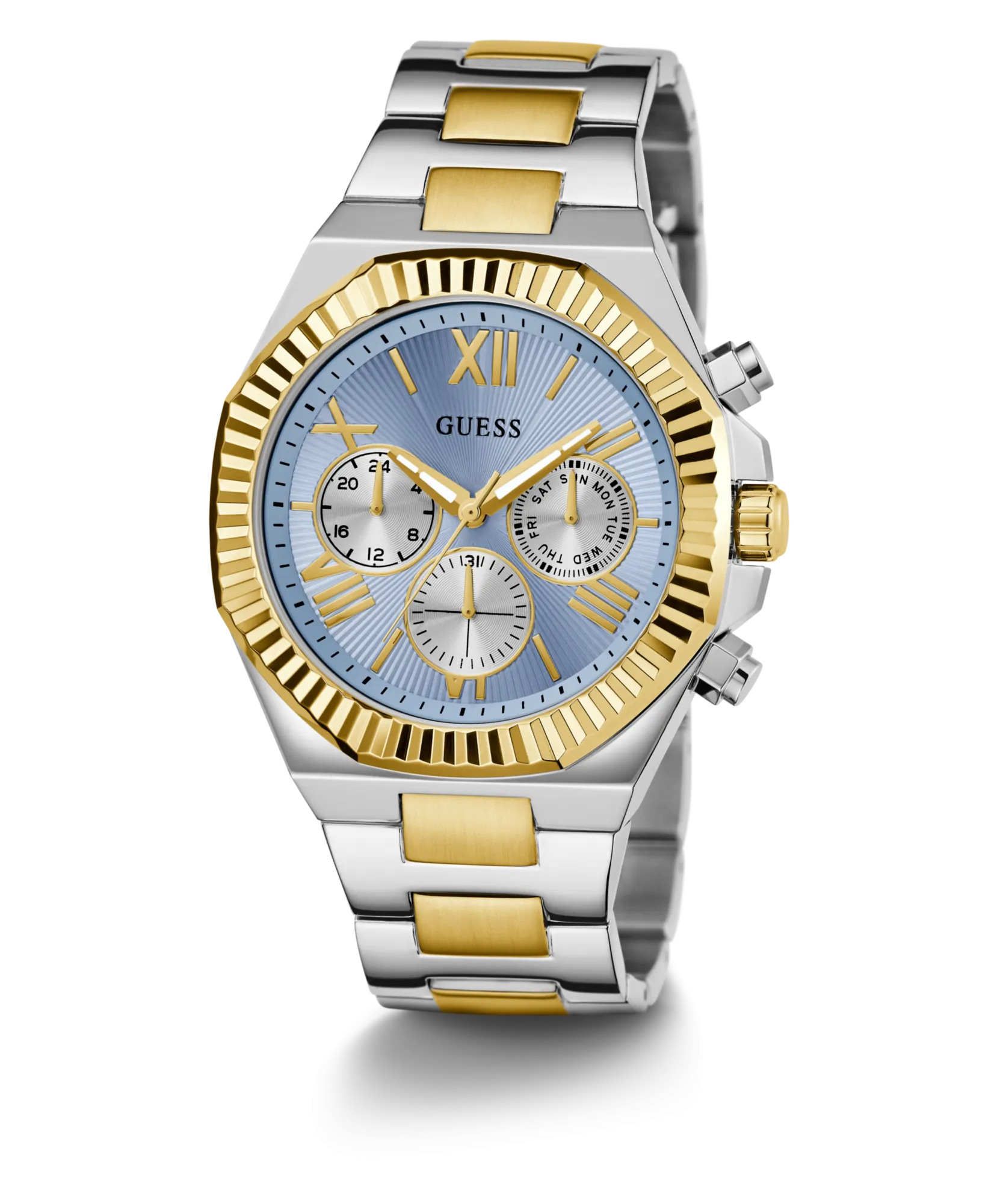 Guess Equity Brushed Silver Tone Case With Polished Gold Tone Bezel With Sunray Glacial Blue Multifunction Dial And Brushed And Polished Two Tone Bracelet GW0703G3