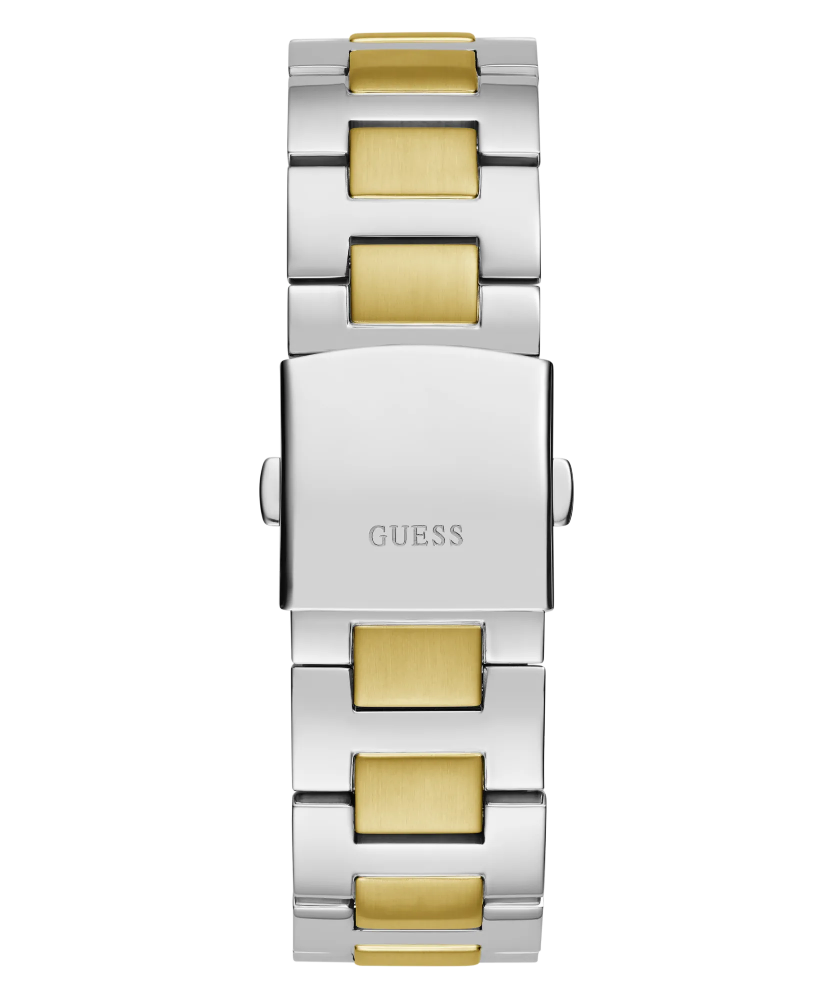 Guess Equity Brushed Silver Tone Case With Polished Gold Tone Bezel With Sunray Glacial Blue Multifunction Dial And Brushed And Polished Two Tone Bracelet GW0703G3