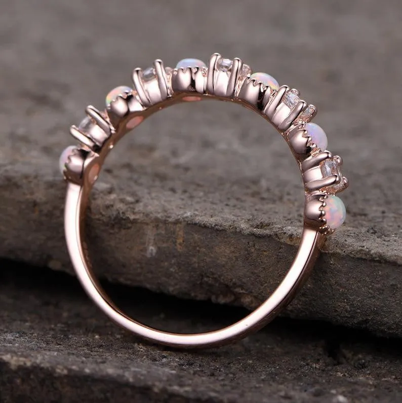 Half Eternity Vintage Opal and CZ Matching Wedding Band 14k Rose Gold Ring