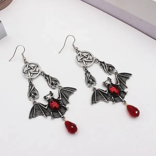 Hand-Crafted Gothic Ruby Bats and Stars, Teardrop Earrings.