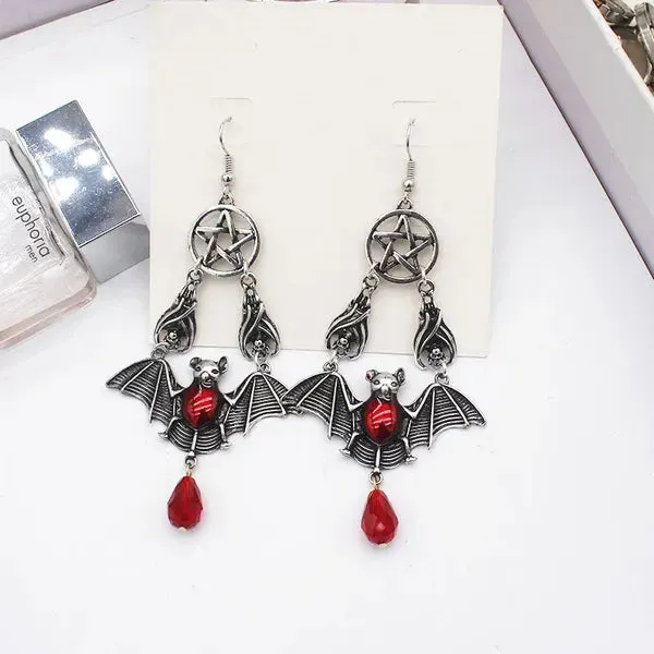 Hand-Crafted Gothic Ruby Bats and Stars, Teardrop Earrings.