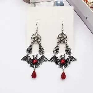 Hand-Crafted Gothic Ruby Bats and Stars, Teardrop Earrings.