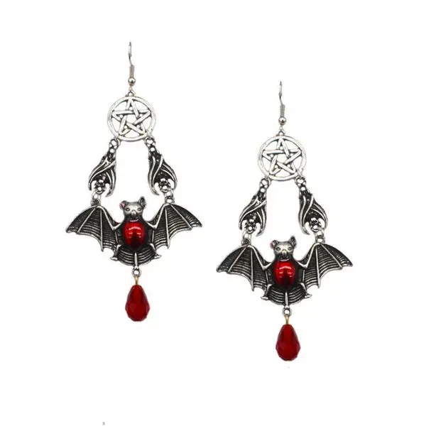 Hand-Crafted Gothic Ruby Bats and Stars, Teardrop Earrings.