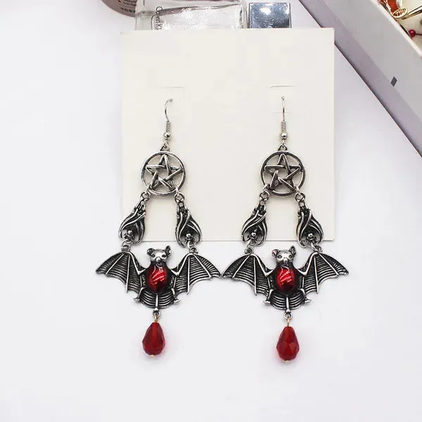 Hand-Crafted Gothic Ruby Bats and Stars, Teardrop Earrings.