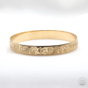 Hawaiian Heirloom Bracelet With Plumeria Flower And Scroll Design (10mm width, Dome Style)