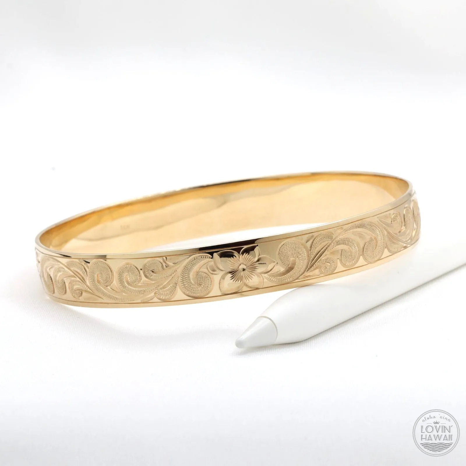 Hawaiian Heirloom Bracelet With Plumeria Flower And Scroll Design (10mm width, Dome Style)