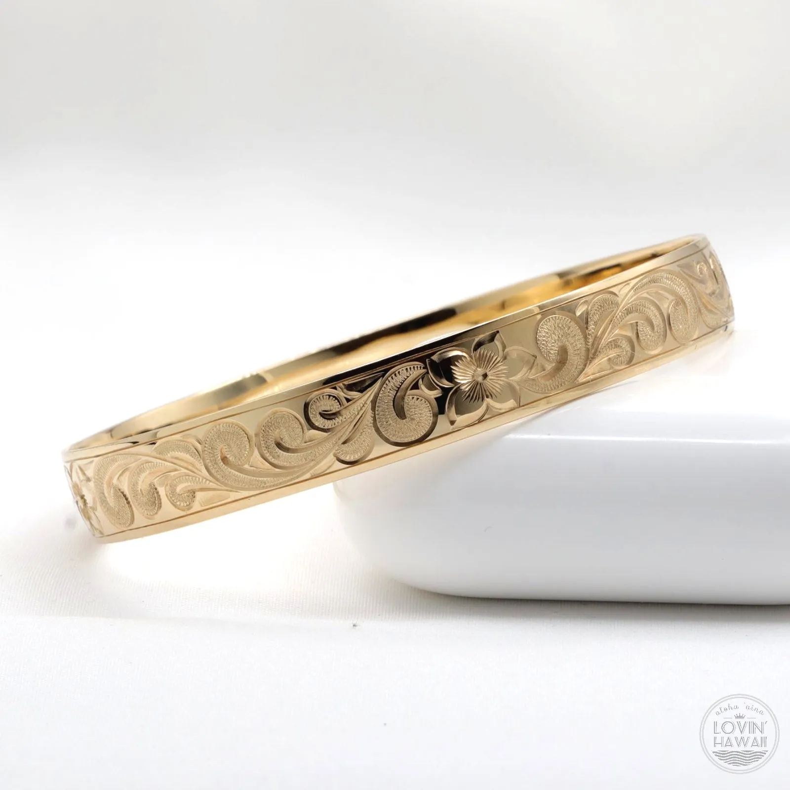 Hawaiian Heirloom Bracelet With Plumeria Flower And Scroll Design (10mm width, Dome Style)