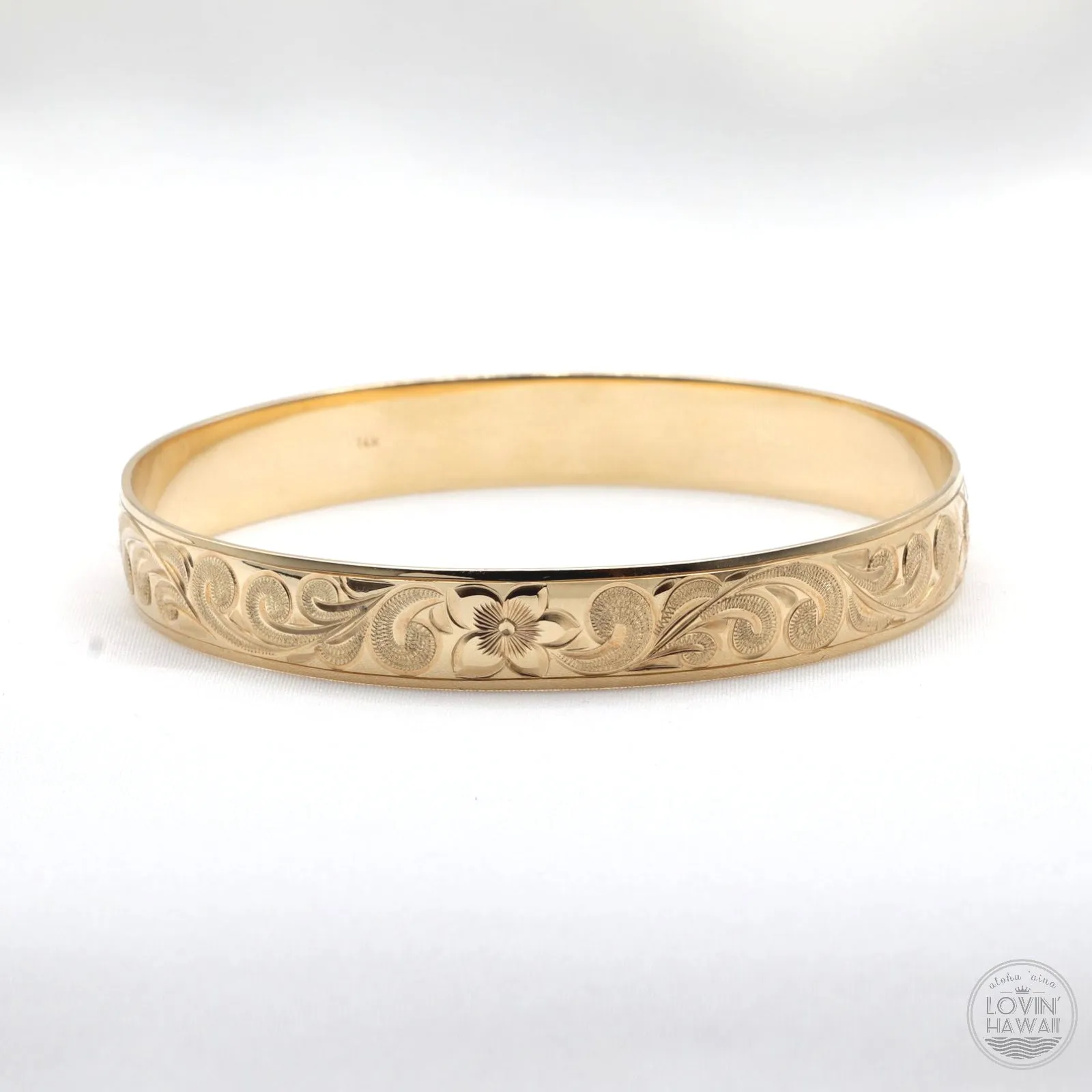 Hawaiian Heirloom Bracelet With Plumeria Flower And Scroll Design (10mm width, Dome Style)
