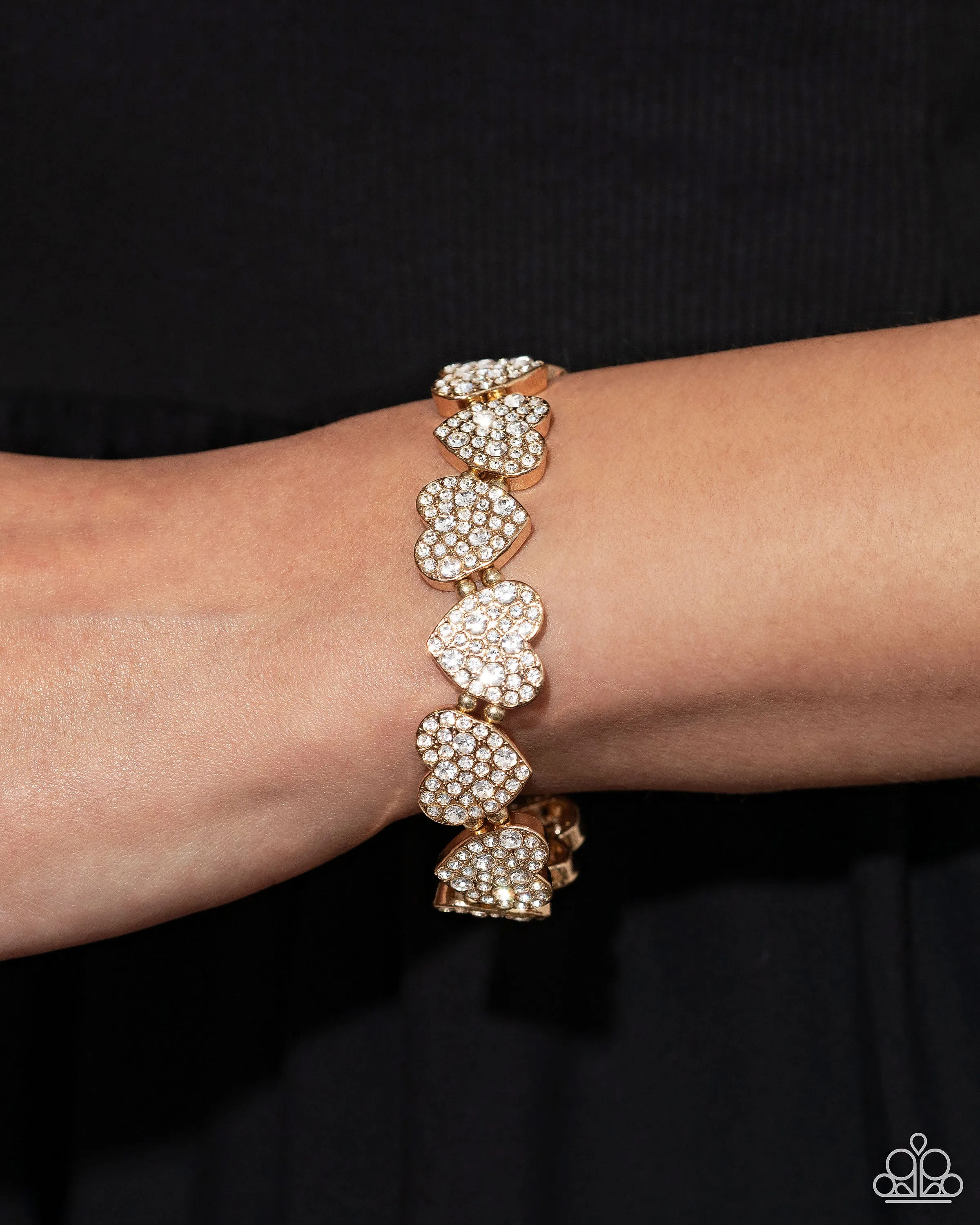 Headliner Heart - Gold - White Rhinestone Paparazzi Stretchy Bracelet