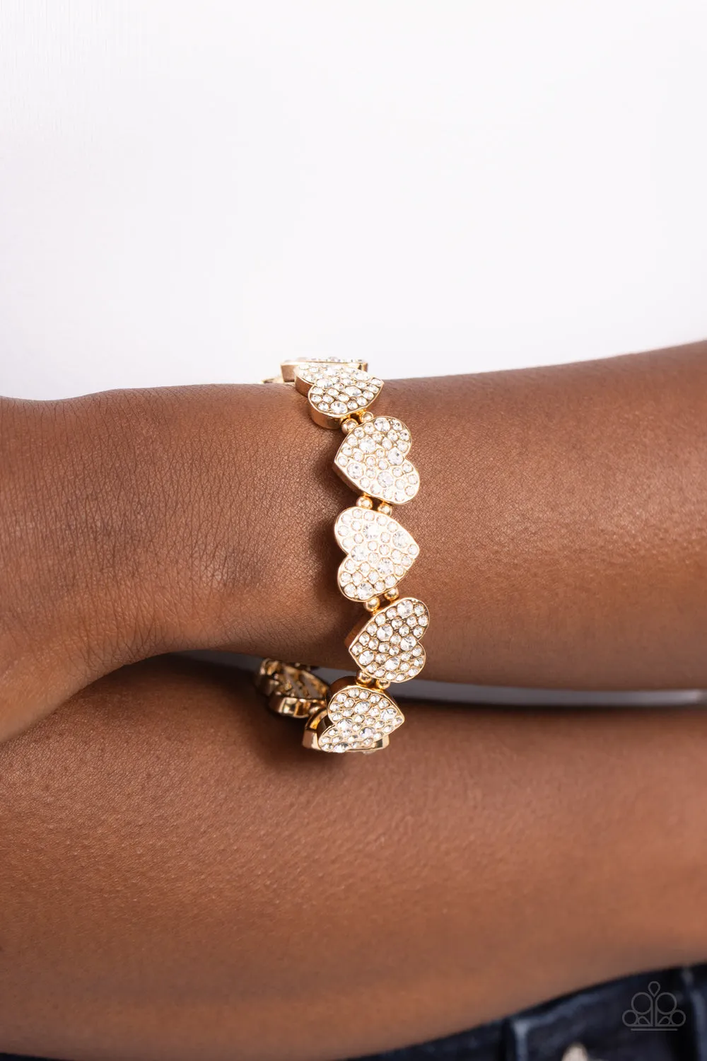 Headliner Heart - Gold - White Rhinestone Paparazzi Stretchy Bracelet