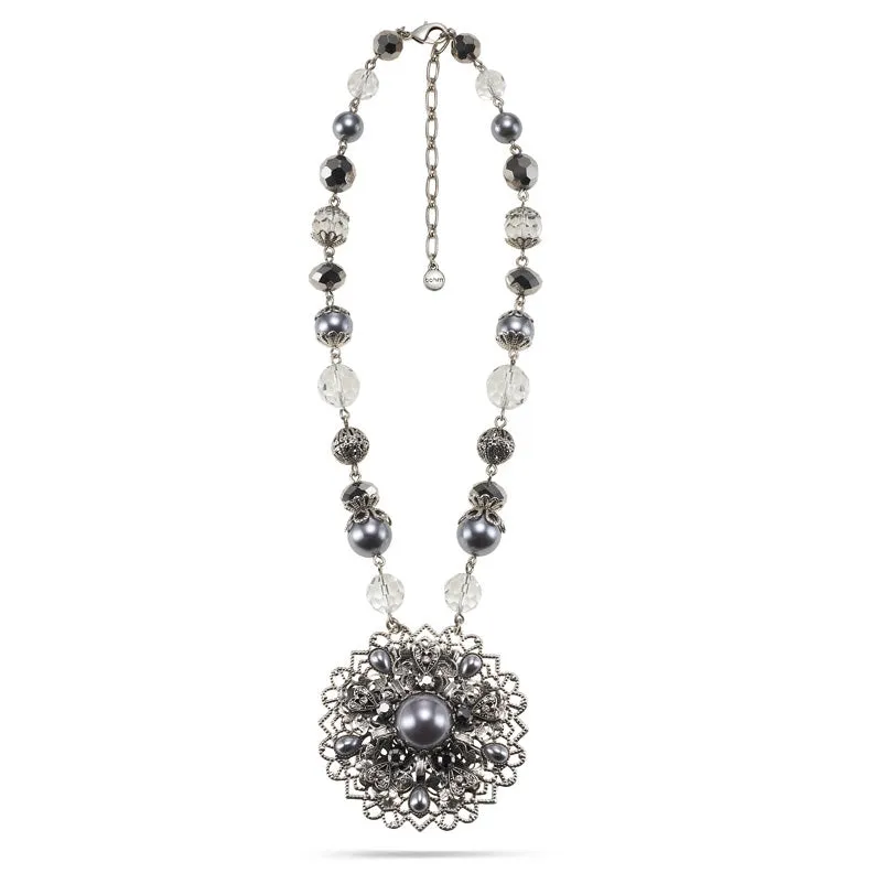 HEMATITE GREY PEARL FILIGREE PENDANT NECKLACES #285SV1101 (7D3/6D4/4B3)