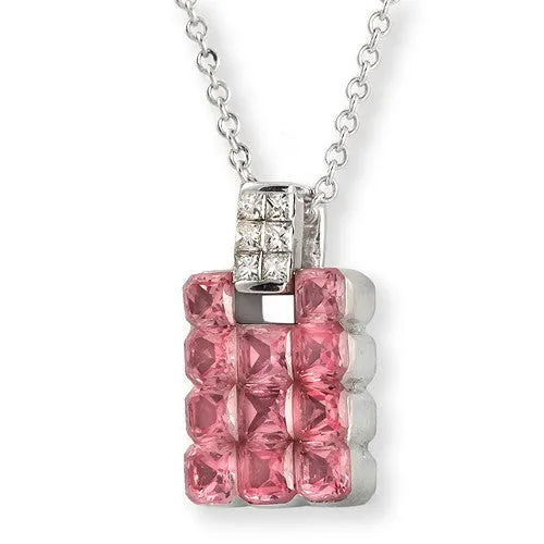 Invisible Set Pink Sapphire & Diamond Pendant Necklace In 18k White Gold