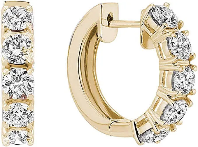 JewelMore 1 Carat to 5 Carat 14K Gold Round White Diamond Ladies Huggies Hoop Earrings (I1-I2 Clarity)-Certified