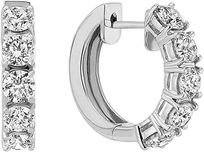 JewelMore 1 Carat to 5 Carat 14K Gold Round White Diamond Ladies Huggies Hoop Earrings (I1-I2 Clarity)-Certified