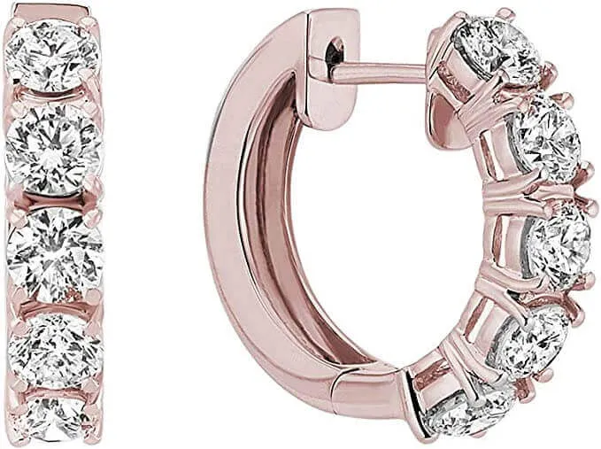JewelMore 1 Carat to 5 Carat 14K Gold Round White Diamond Ladies Huggies Hoop Earrings (I1-I2 Clarity)-Certified
