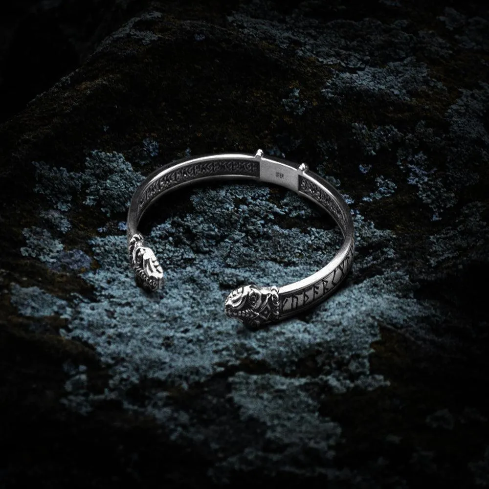 Jormungandr Bracelet | Silver Viking Cuff with Elder Futhark Runes