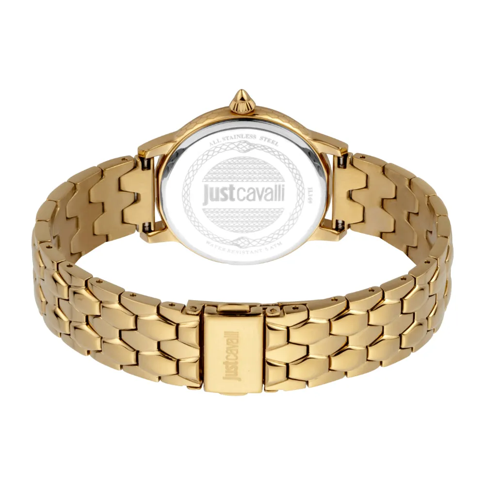 Just Cavalli Women Watch, Gold Color Case, Black Dial, Gold Color Stainless Steel Metal Bracelet