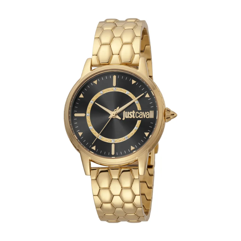 Just Cavalli Women Watch, Gold Color Case, Black Dial, Gold Color Stainless Steel Metal Bracelet