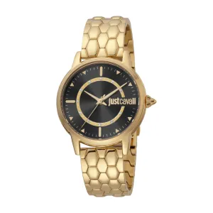 Just Cavalli Women Watch, Gold Color Case, Black Dial, Gold Color Stainless Steel Metal Bracelet
