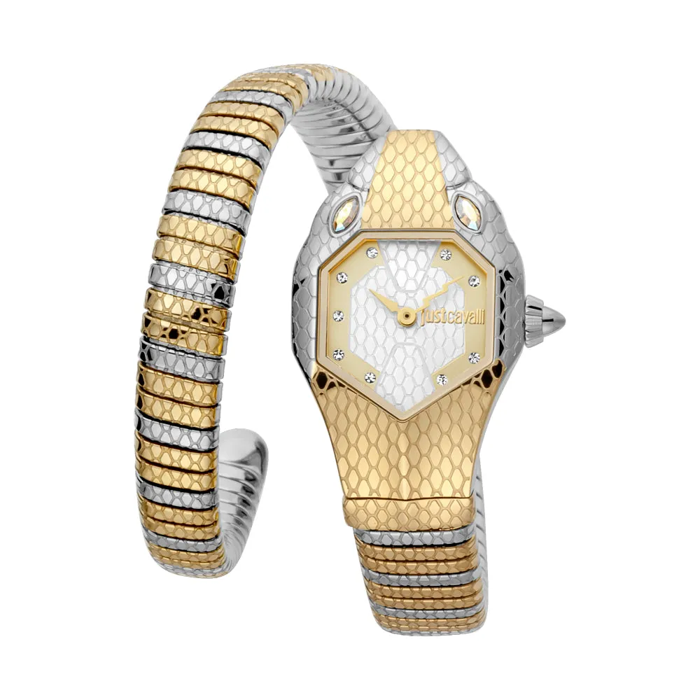 Just Cavalli Women Watch, Two Tone Silver & Gold Color Case, White Mop Dial, Two Tone Silver & Gold Color Stainless Steel Metal Bracelet