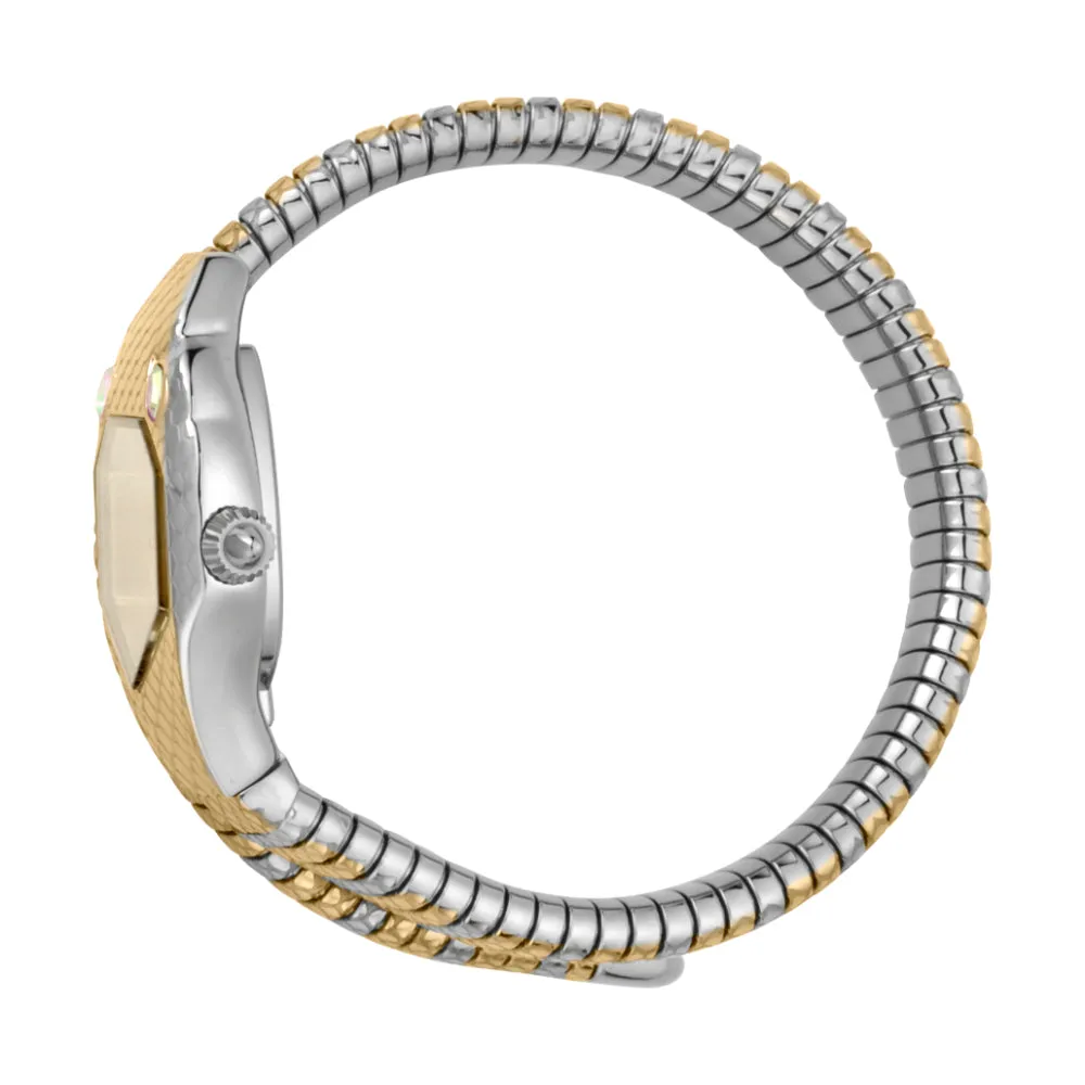 Just Cavalli Women Watch, Two Tone Silver & Gold Color Case, White Mop Dial, Two Tone Silver & Gold Color Stainless Steel Metal Bracelet