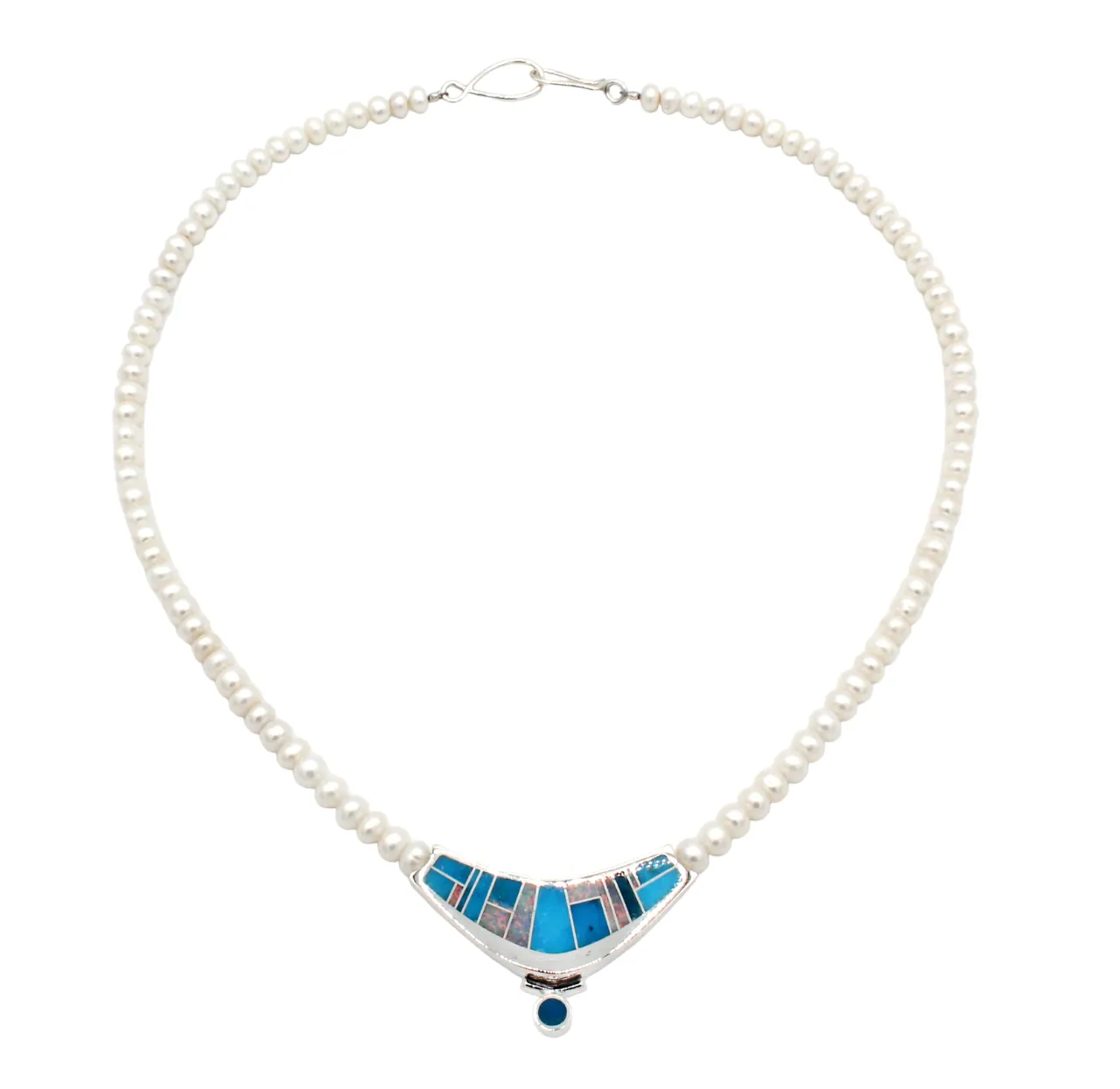 Kingman and Opal Inlaid V Necklace with Pearl Beads
