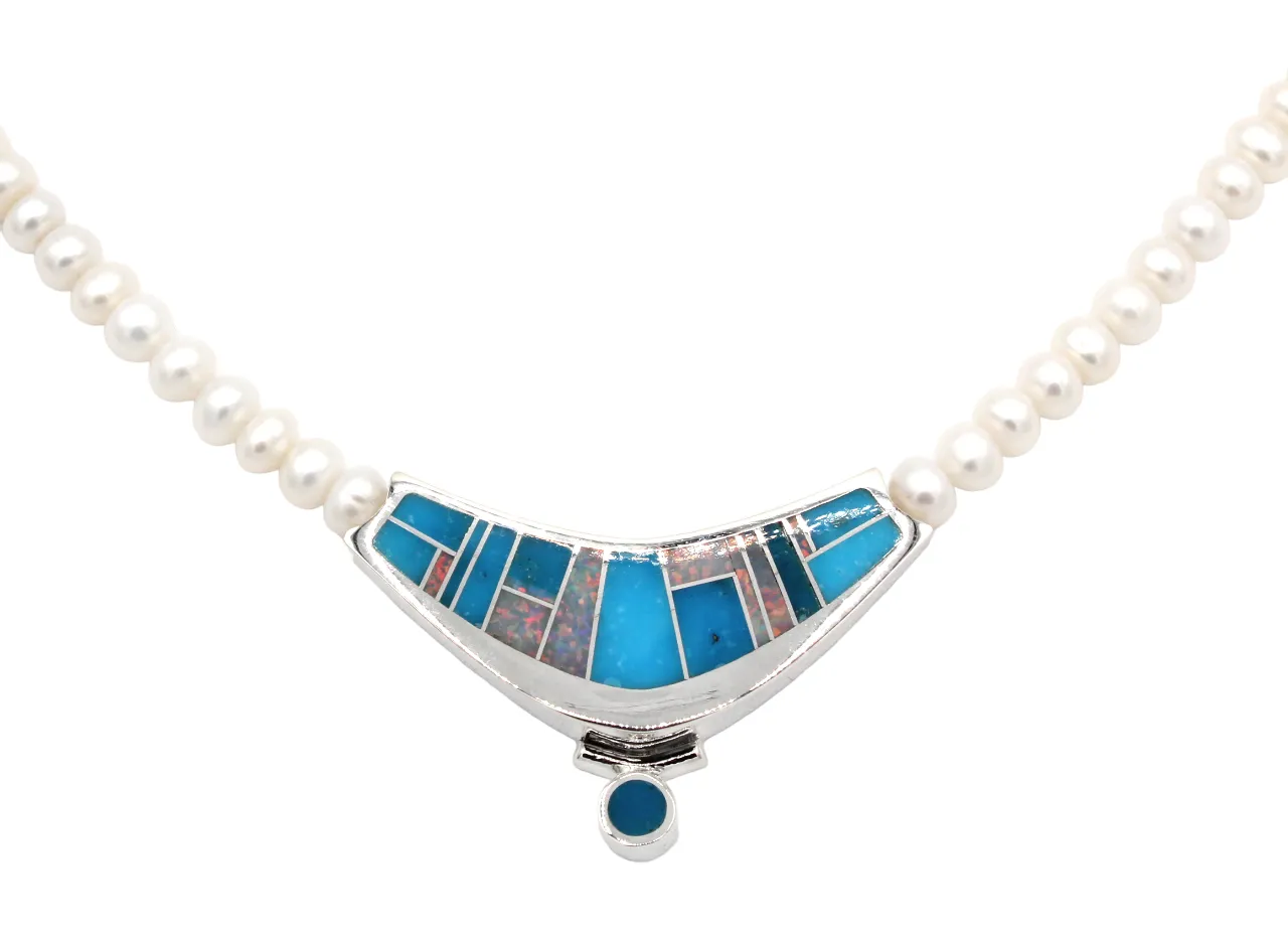 Kingman and Opal Inlaid V Necklace with Pearl Beads
