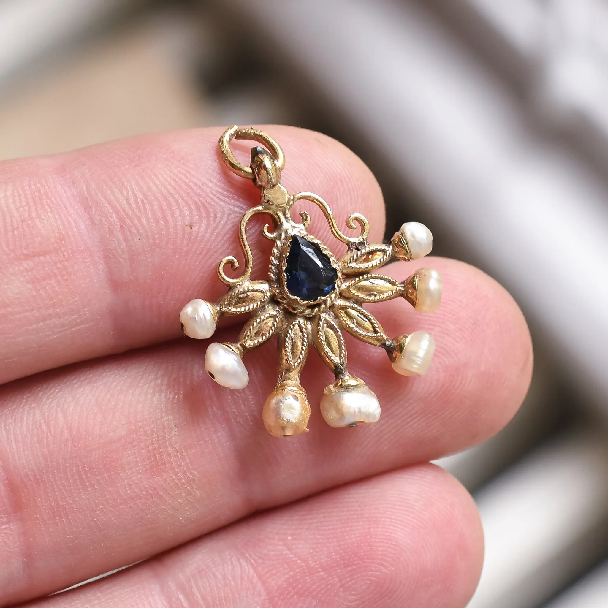 Late Victorian Sapphire & Baroque Pearl Fan Pendant