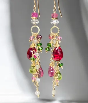 Long Gemstone Dangle Earrings - Pink Sapphire, Peridot, Ruby, Gold Fill