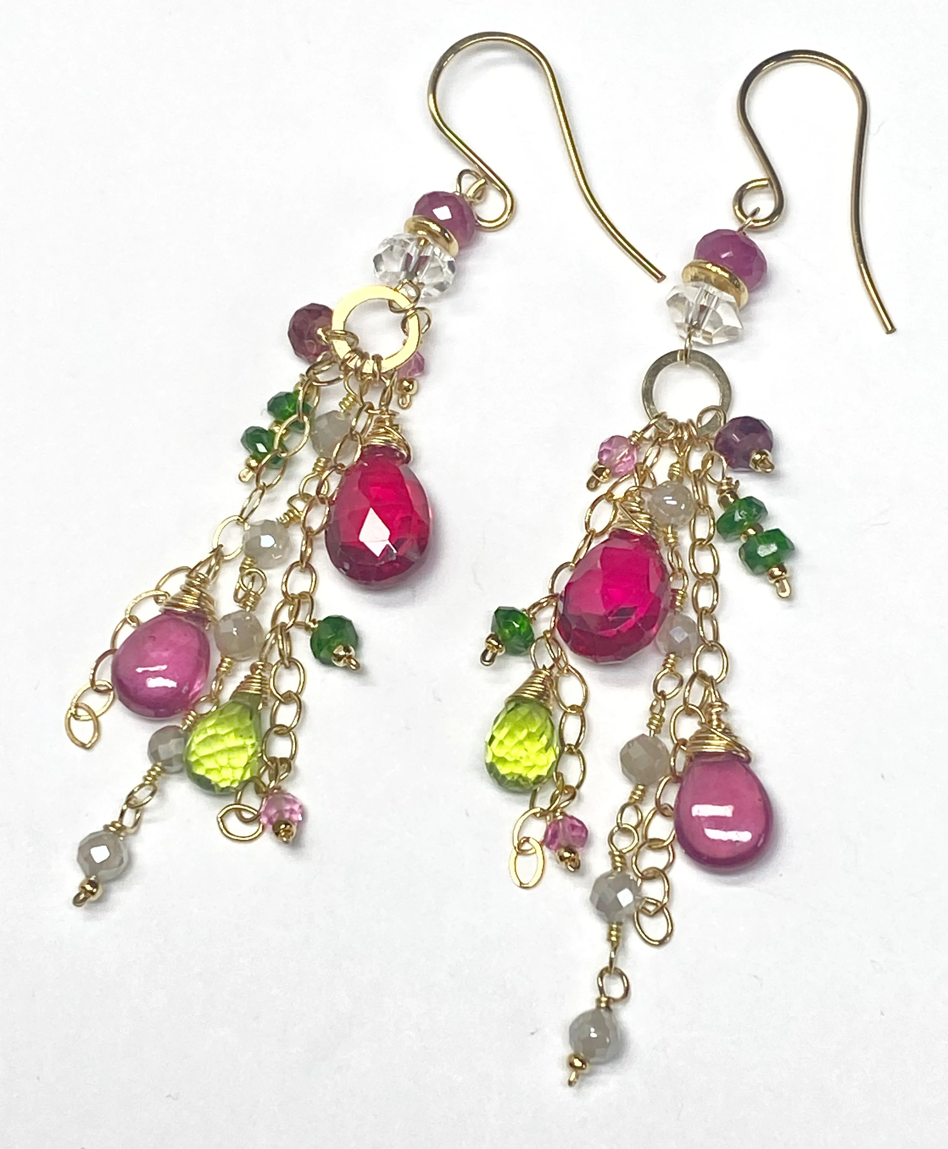 Long Gemstone Dangle Earrings - Pink Sapphire, Peridot, Ruby, Gold Fill