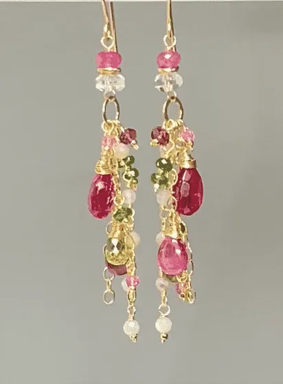 Long Gemstone Dangle Earrings - Pink Sapphire, Peridot, Ruby, Gold Fill