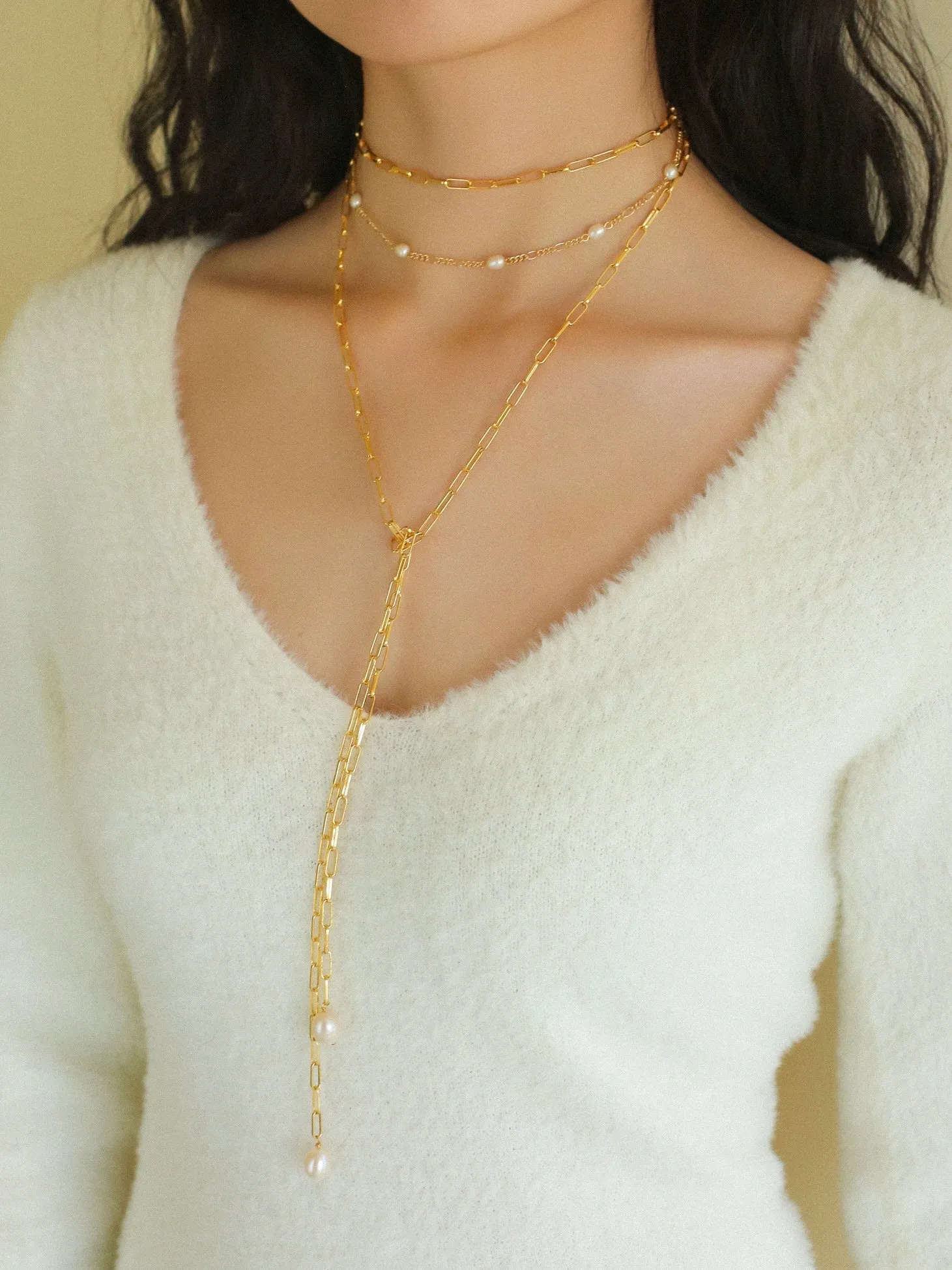 Long Geometric Chain Pearl Necklace Type K