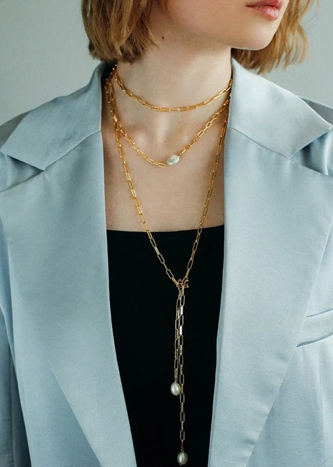 Long Geometric Chain Pearl Necklace Type K