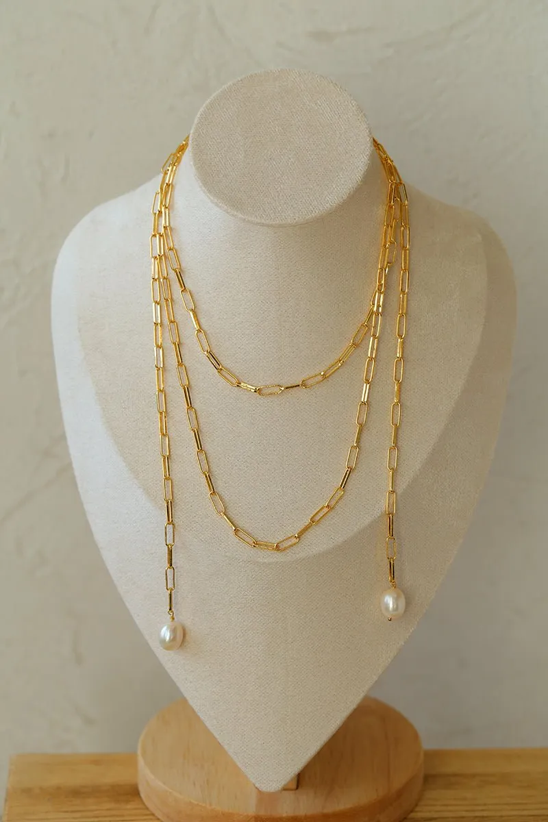 Long Geometric Chain Pearl Necklace Type K