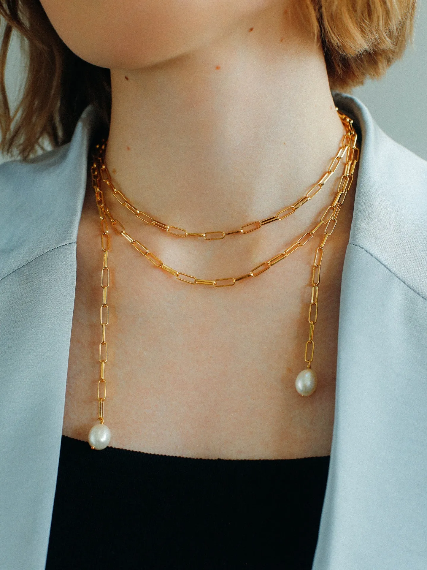 Long Geometric Chain Pearl Necklace Type K