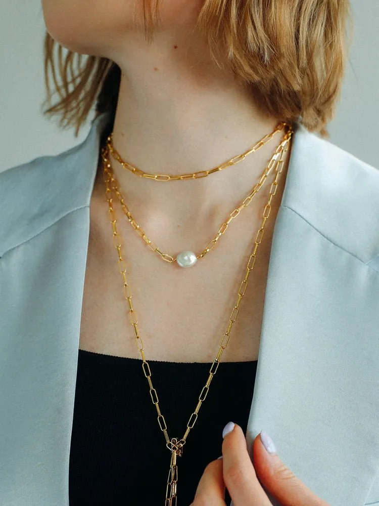 Long Geometric Chain Pearl Necklace Type K