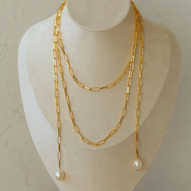 Long Geometric Chain Pearl Necklace Type K